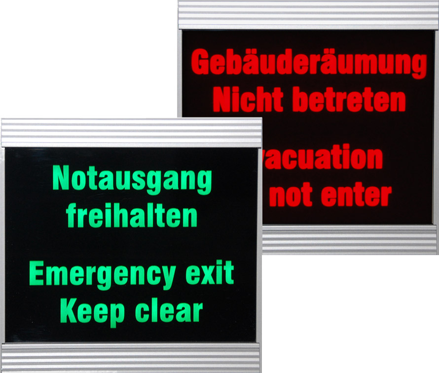 LED display, emergency exit/building evacuation, two colors, indoor, dimensions 170x170x80 mm
