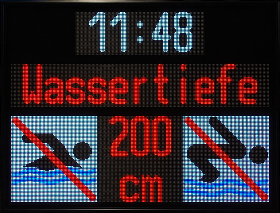 LED display water depth with time display, multicolor, LED matrix, dimensions 950x1250x100 mm