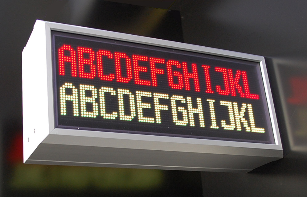 Alphanumeric display, indoor, double-sided readable RGB, LED matrix 32x96 pixels, pixel pitch 3 mm